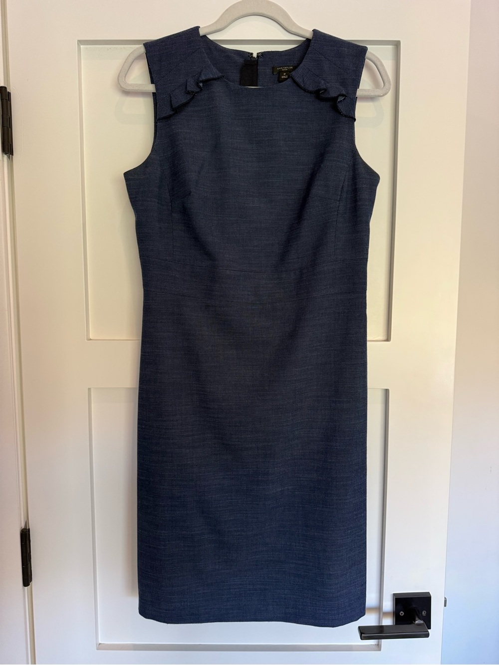 Ann Taylor Navy Sleeveless Sheath Dress with Ruffle Detail